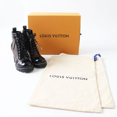 LOUIS VUITTON boots Patent leather x monogram canvas Black x Brown (Monogram Pattern) Women 37 Used Authentic